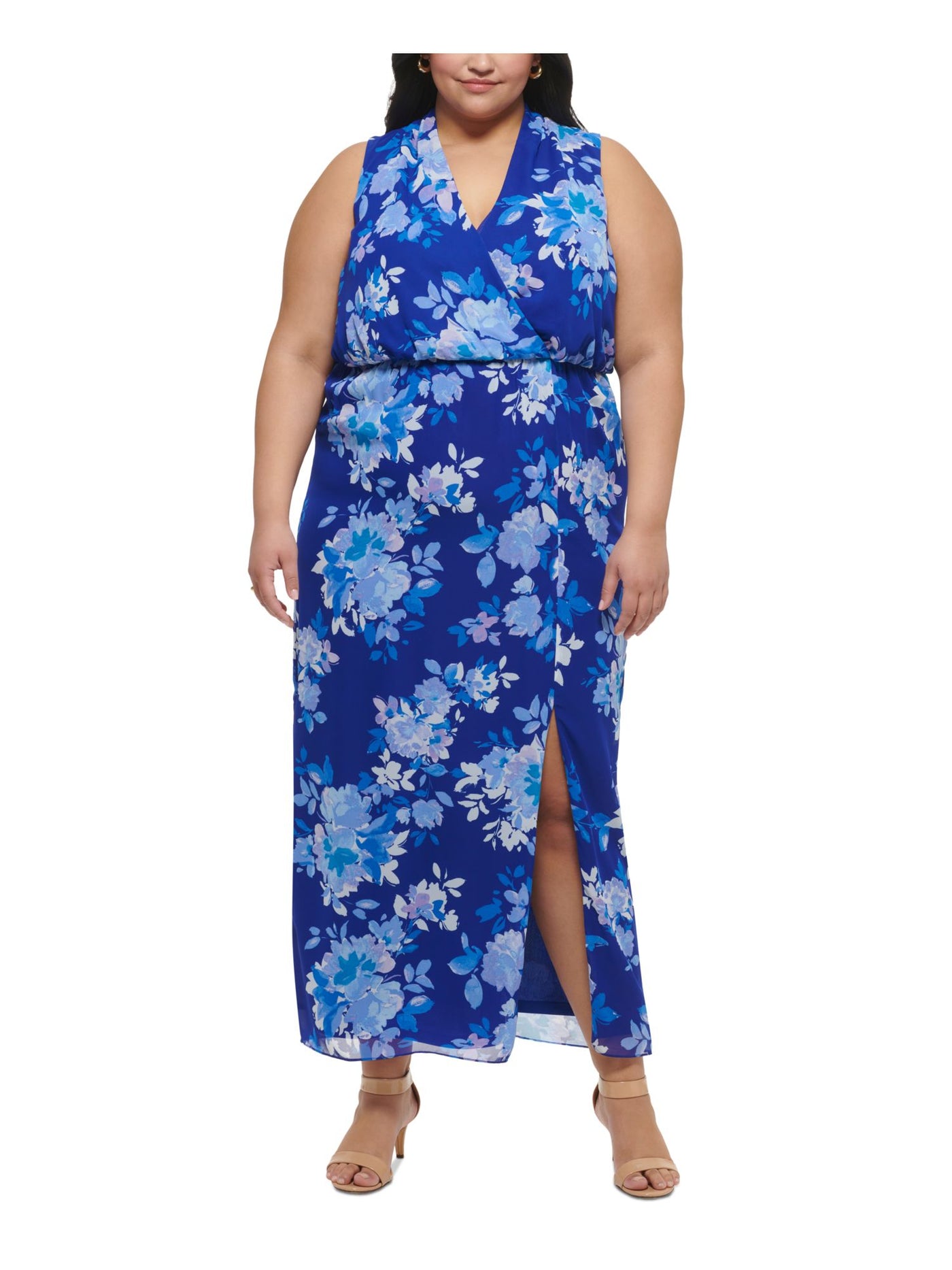 JESSICA HOWARD Womens Blue Zippered Slitted Lined Floral Sleeveless Surplice Neckline Maxi Party Blouson Dress Plus 18W