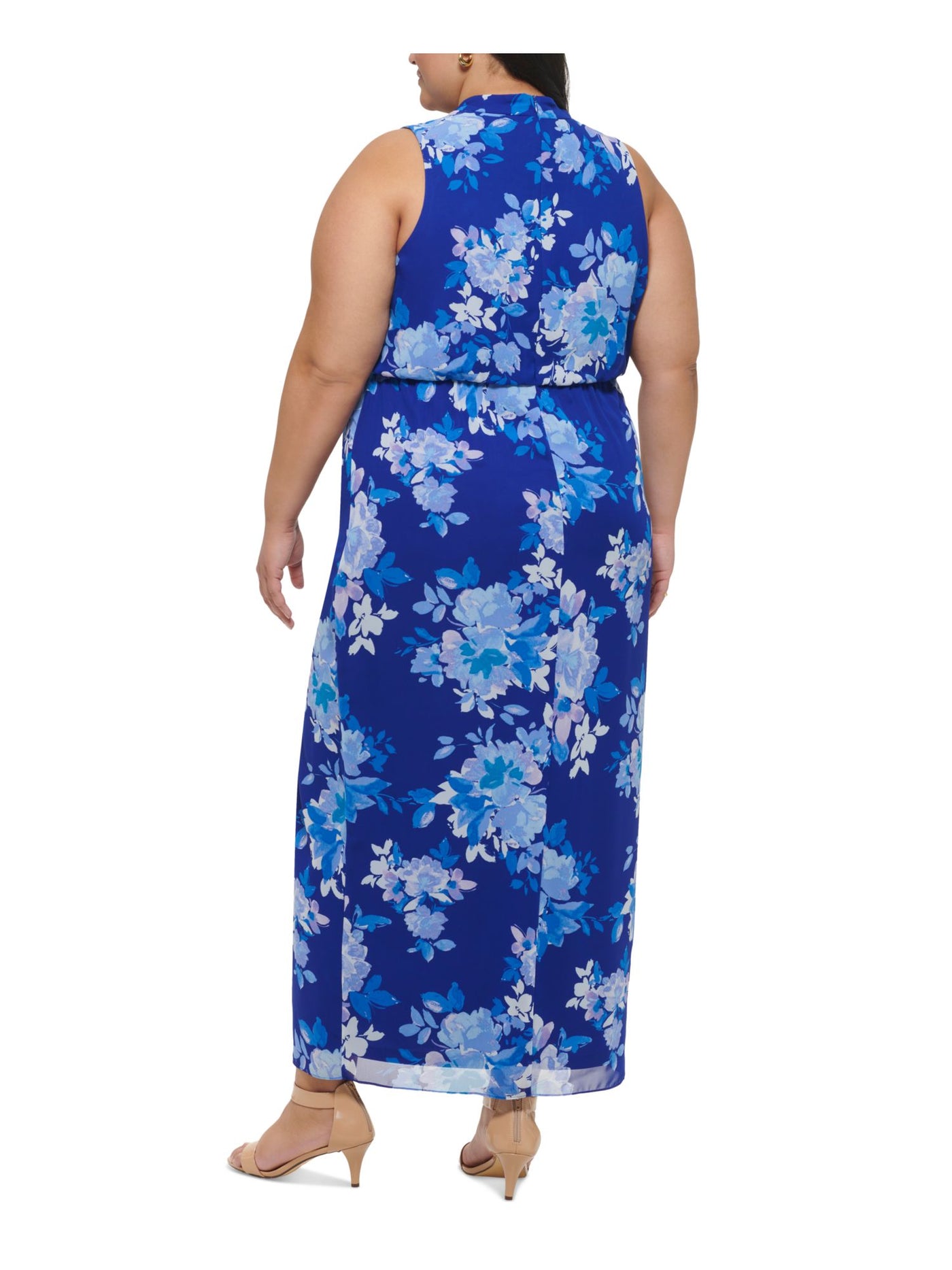 JESSICA HOWARD Womens Blue Zippered Slitted Lined Floral Sleeveless Surplice Neckline Maxi Party Blouson Dress Plus 18W