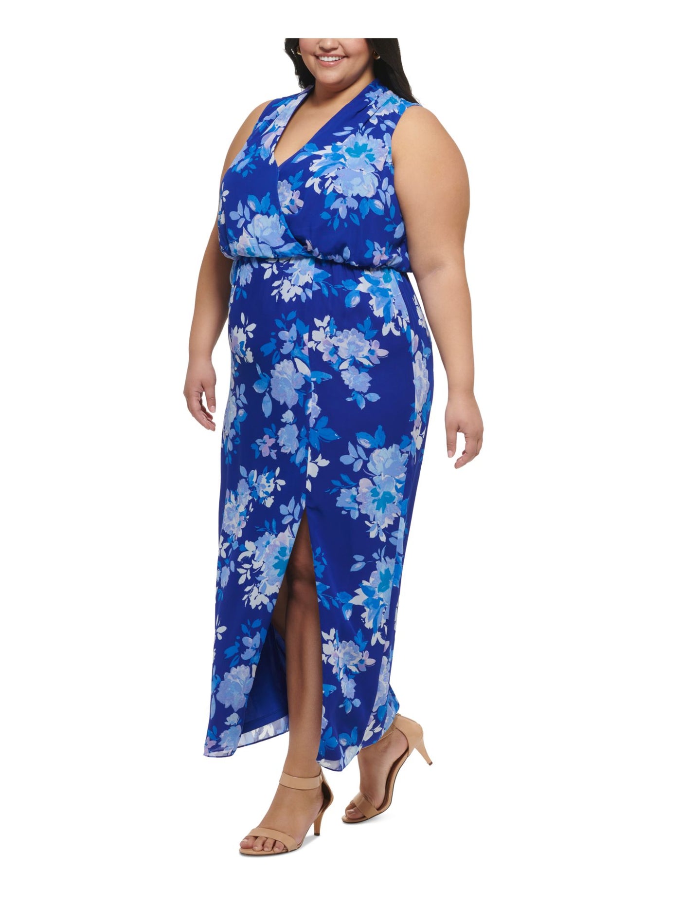 JESSICA HOWARD Womens Blue Zippered Slitted Lined Floral Sleeveless Surplice Neckline Maxi Party Blouson Dress Plus 16W