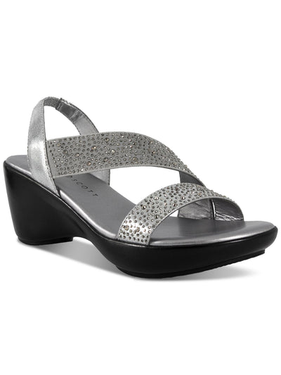 KAREN SCOTT Womens Silver 1" Platformgoring Padded Embellished Asymmetrical Parney Round Toe Wedge Slip On Slingback Sandal 5 M