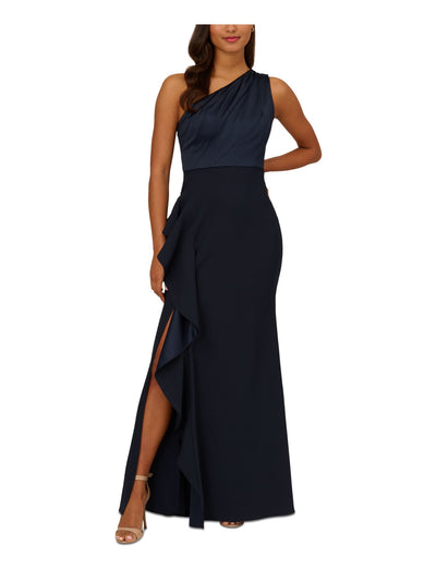 ADRIANNA PAPELL Womens Navy Zippered Fitted Cascading Side Ruffle Sleeveless Asymmetrical Neckline Full-Length Evening Gown Dress 4