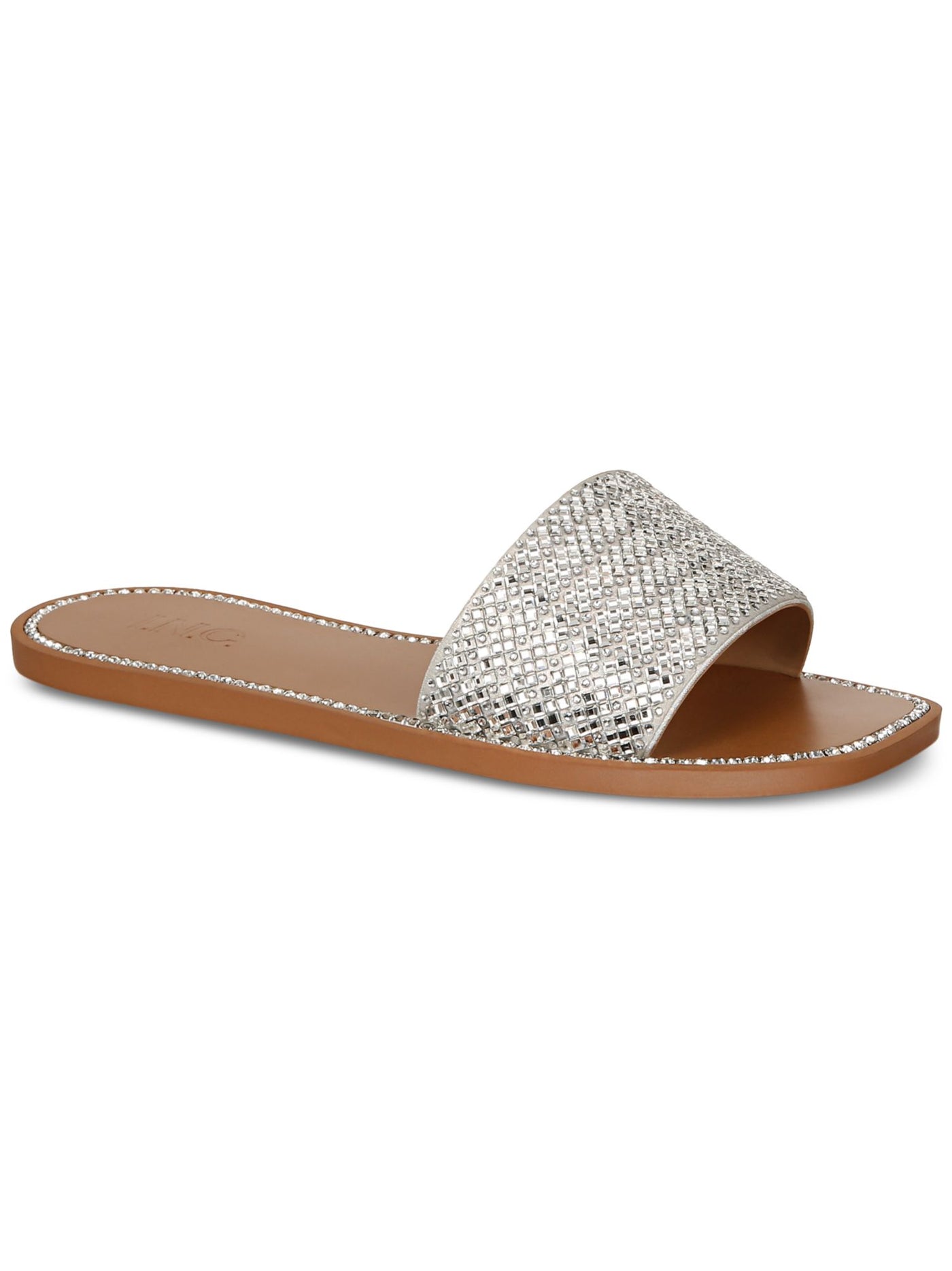 INC Womens Silver Mixed Media Embellished Pelle Square Toe Slip On Slide Sandals Shoes 10 M