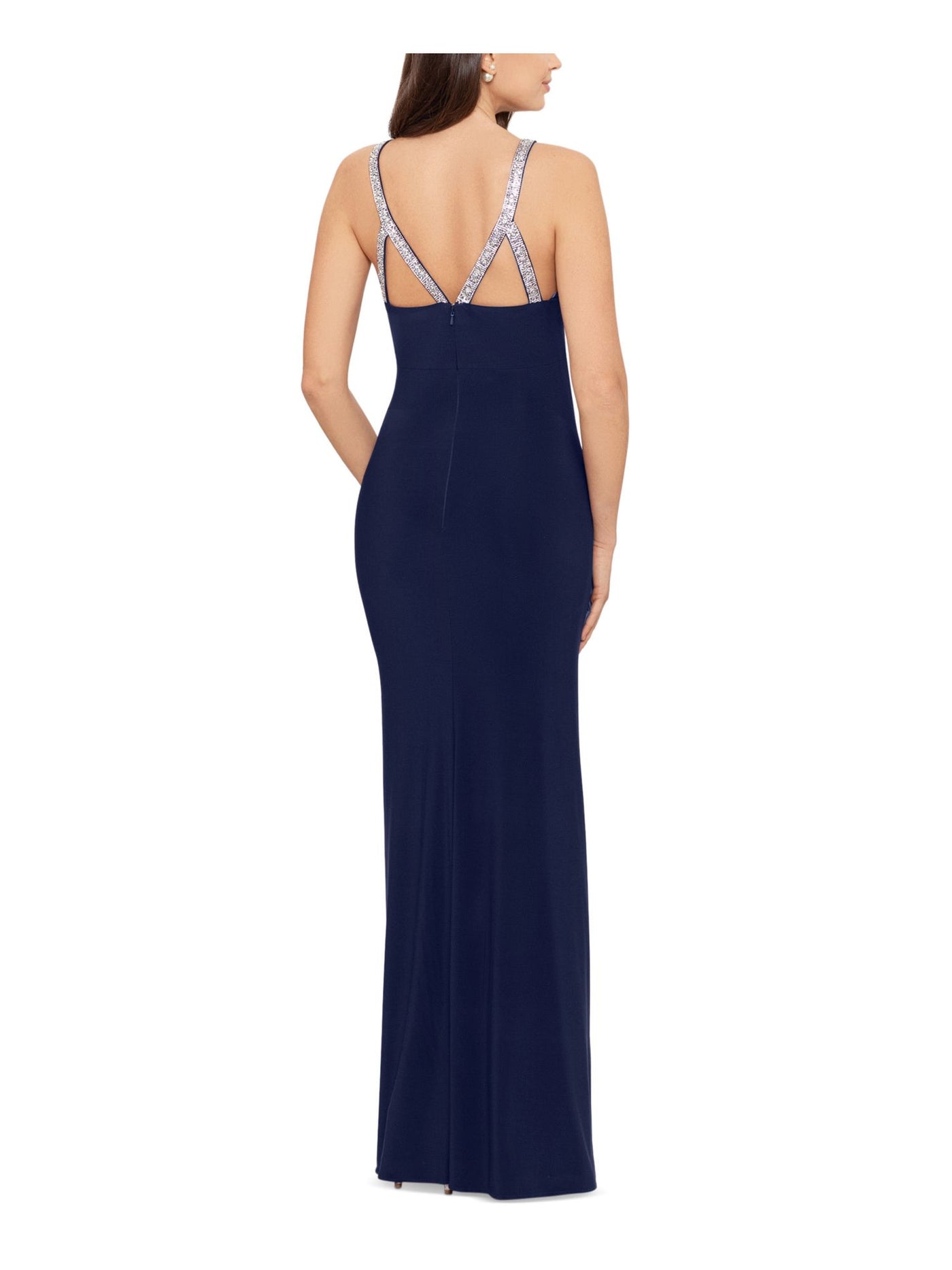 BETSY & ADAM Womens Navy Jersey Zippered Embellished Lined Padded Sleeveless Halter Full-Length Party Gown Dress Petites 10P