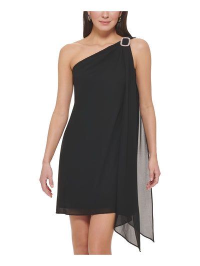 VINCE CAMUTO Womens Black Zippered Lined Embellished Buckle With Drape De Sleeveless Asymmetrical Neckline Short Cocktail Shift Dress 2