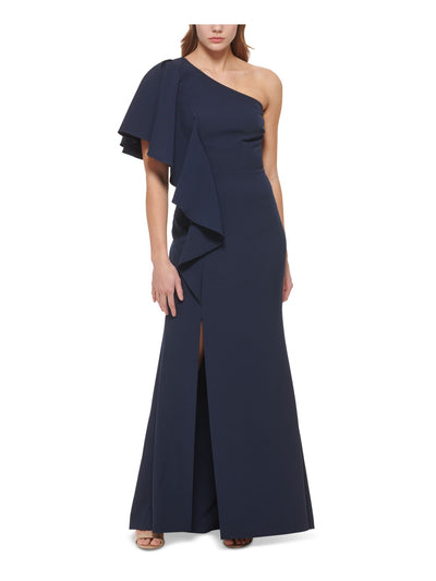 VINCE CAMUTO Womens Navy Ruffled Zippered Slitted Lined Flutter Sleeve Asymmetrical Neckline Full-Length Evening Gown Dress 6