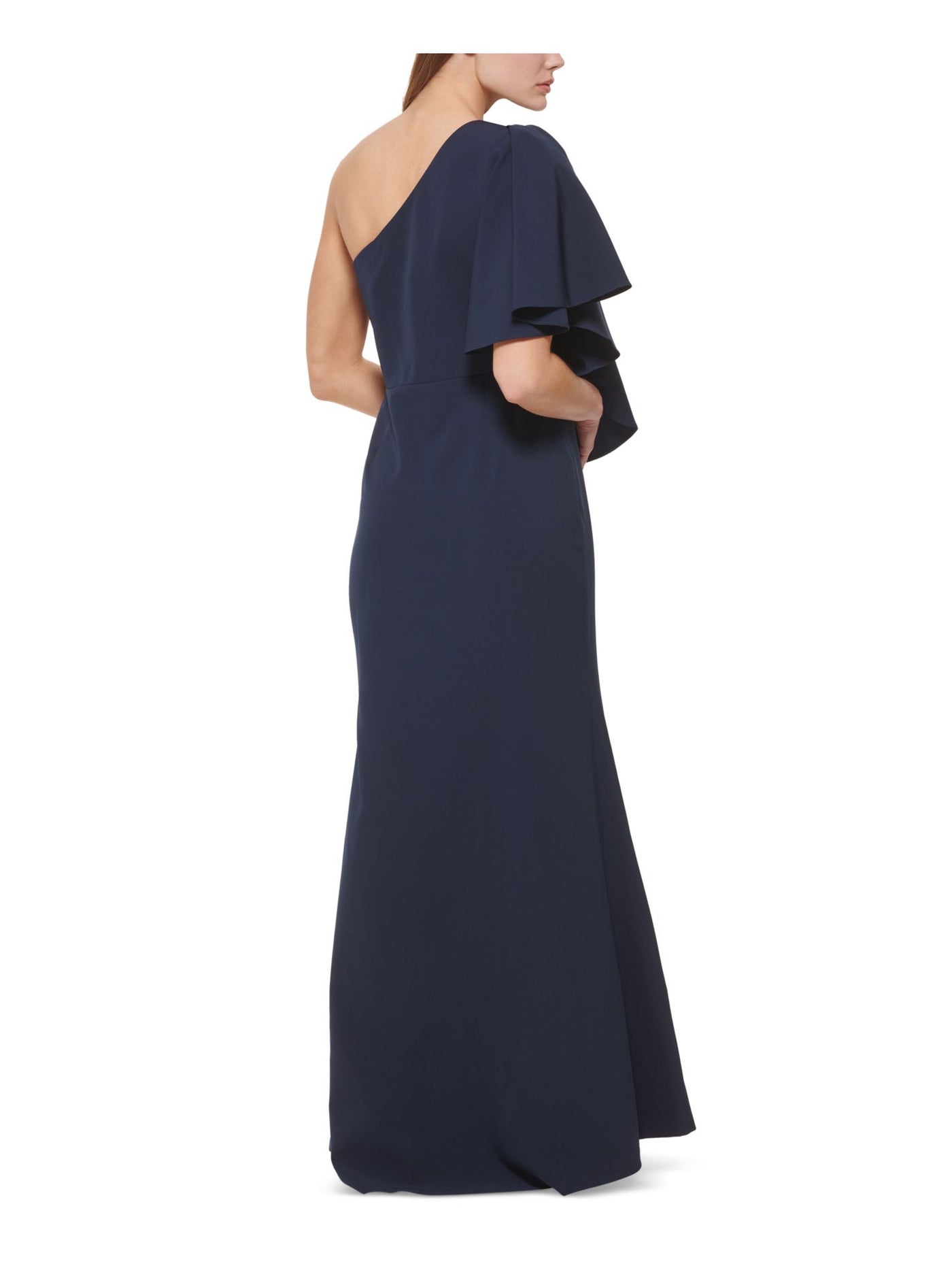 VINCE CAMUTO Womens Navy Ruffled Zippered Slitted Lined Flutter Sleeve Asymmetrical Neckline Full-Length Evening Gown Dress 6