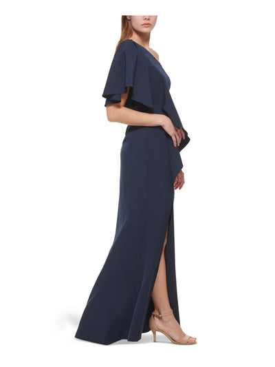 VINCE CAMUTO Womens Navy Ruffled Zippered Slitted Lined Flutter Sleeve Asymmetrical Neckline Full-Length Evening Gown Dress 6