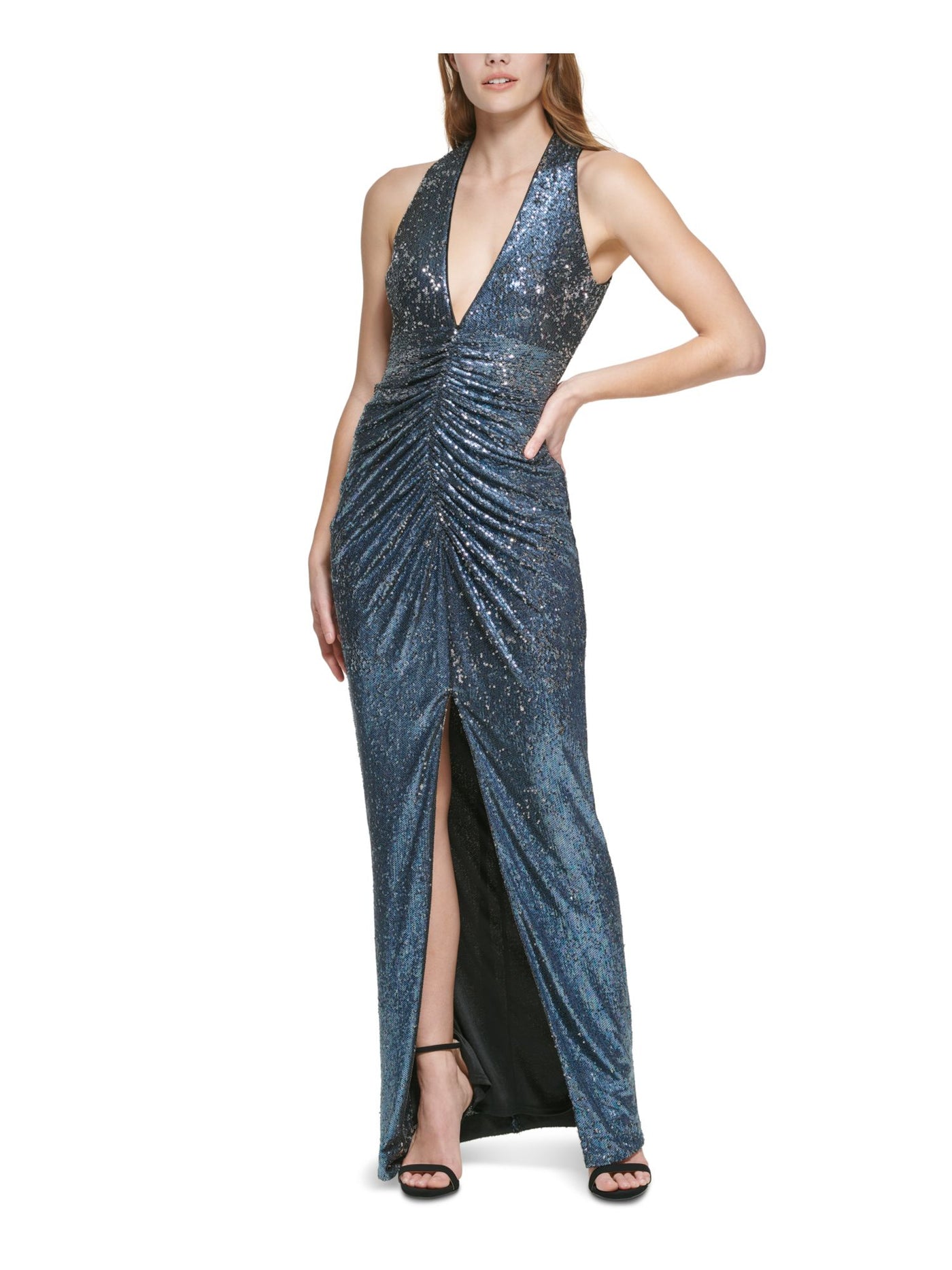 VINCE CAMUTO Womens Navy Ruched Zippered High Slit Lined Sleeveless Halter Full-Length Evening Gown Dress 2