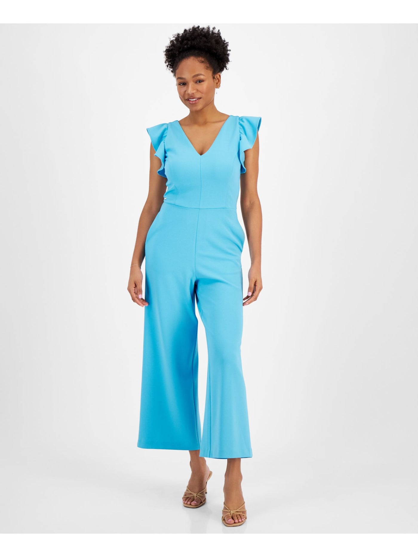 RACHEL RACHEL ROY Womens Light Blue Stretch Zippered Pocketed Flutter Sleeve V Neck Wear To Work Cropped Jumpsuit S