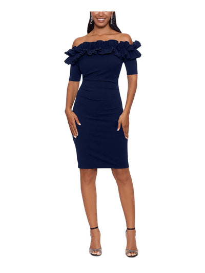 XSCAPE Womens Navy Ruffled Zippered Boning In Bodice Short Sleeve Off Shoulder Above The Knee Party Body Con Dress 16