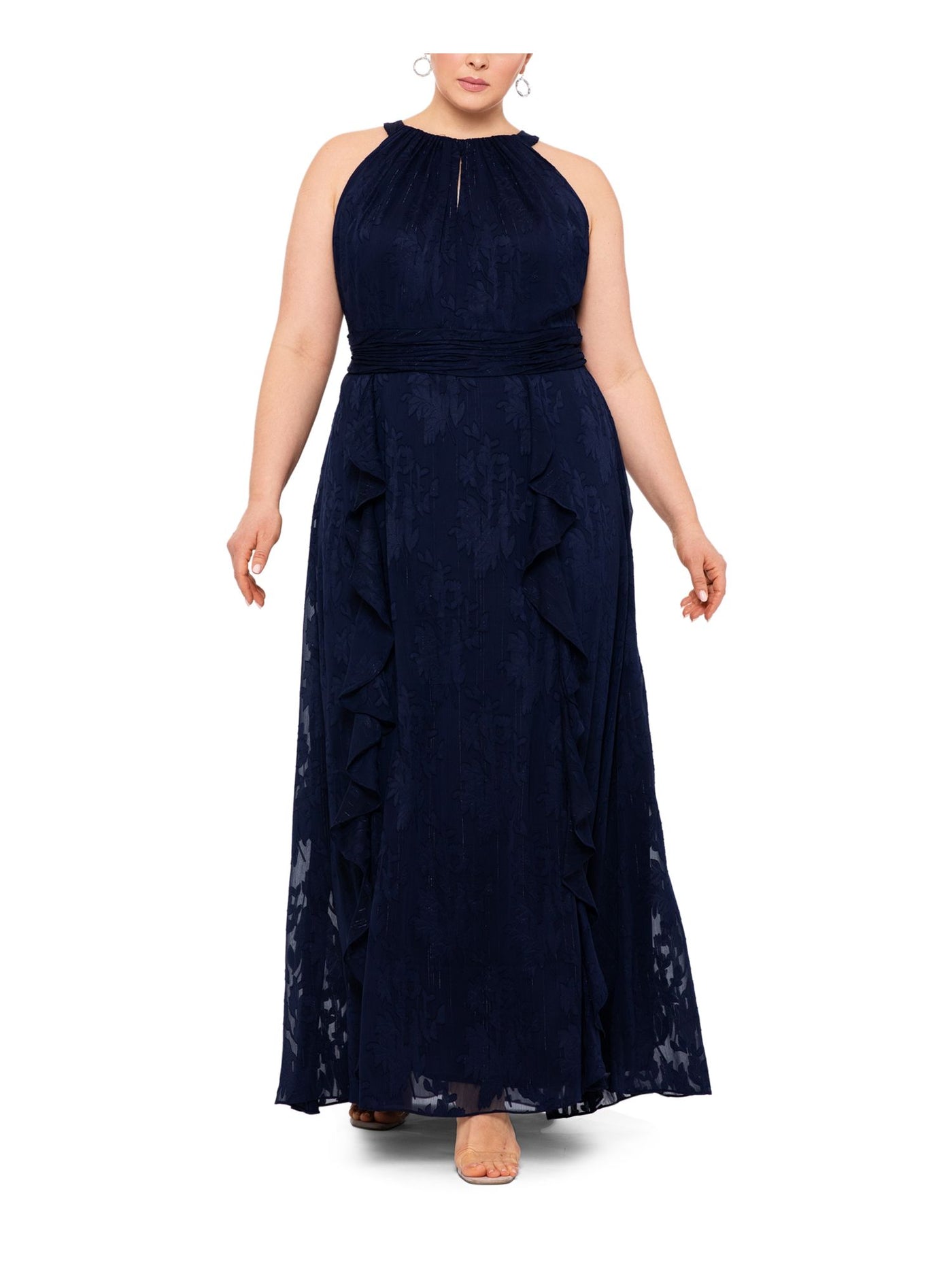 XSCAPE Womens Navy Pleated Ruffled Keyholes Zippered Lined Sleeveless Halter Maxi Party Fit + Flare Dress Plus 16W