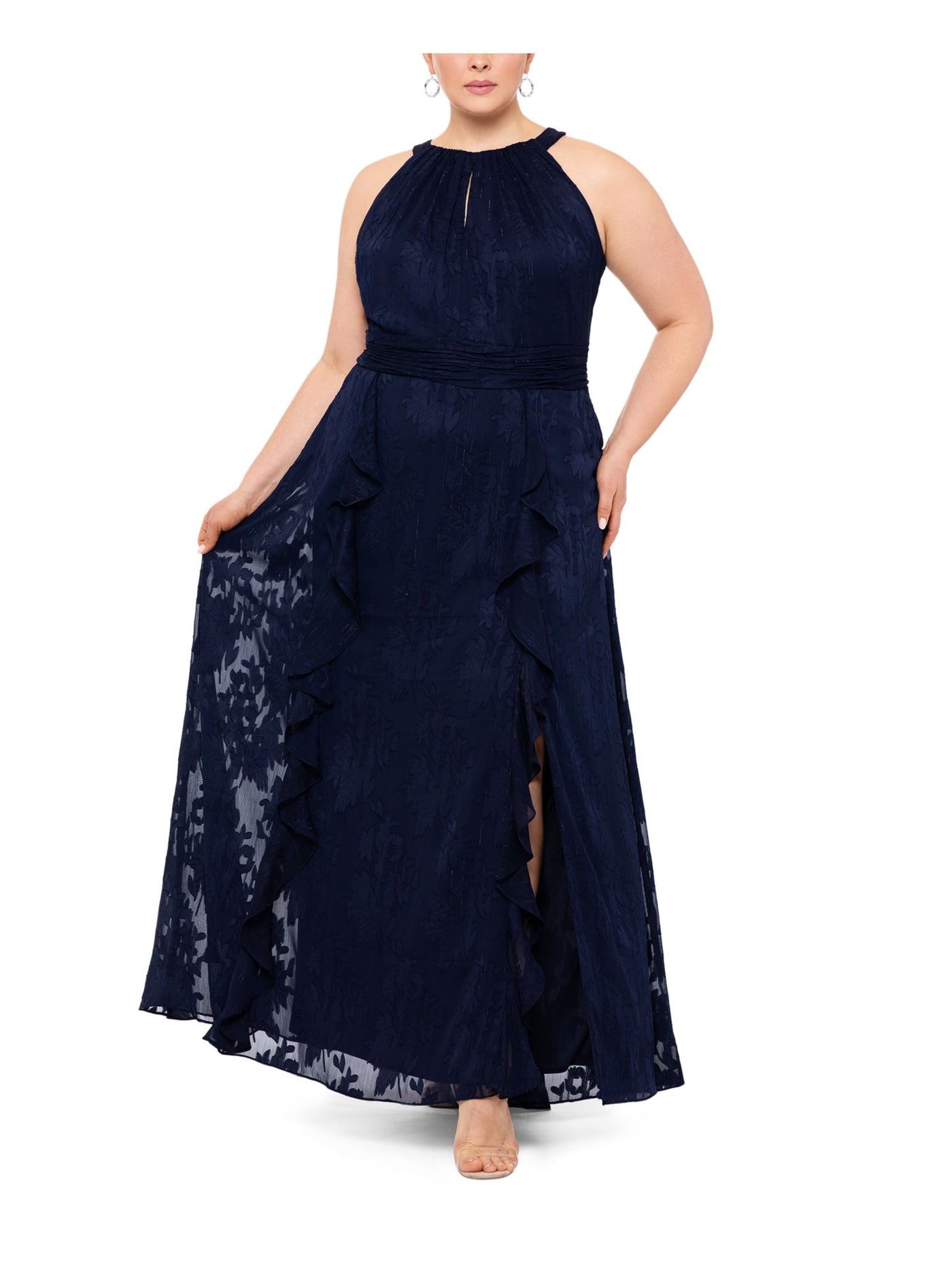 XSCAPE Womens Navy Pleated Ruffled Keyholes Zippered Lined Sleeveless Halter Maxi Party Fit + Flare Dress Plus 16W