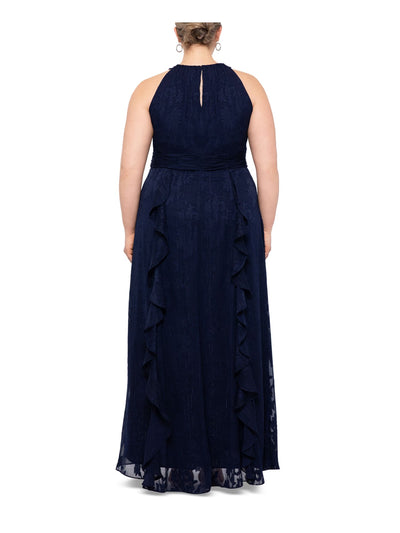 XSCAPE Womens Navy Pleated Ruffled Keyholes Zippered Lined Sleeveless Halter Maxi Party Fit + Flare Dress Plus 16W