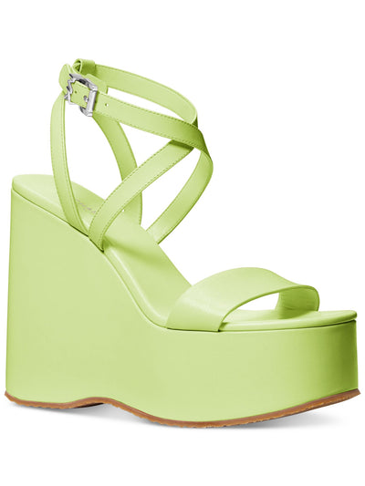 MICHAEL MICHAEL KORS Womens Green Padded Logo Hardware At Buckle Asymmetrical Strappy Paola Square Toe Wedge Buckle Leather Heeled Sandal 9.5