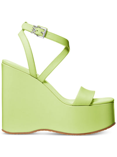 MICHAEL MICHAEL KORS Womens Green Padded Logo Hardware At Buckle Asymmetrical Strappy Paola Square Toe Wedge Buckle Leather Heeled Sandal 7 M