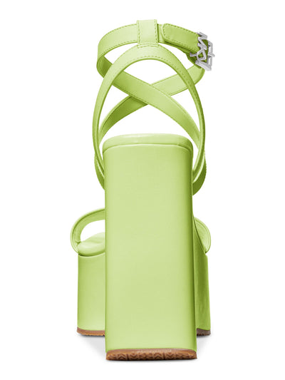 MICHAEL MICHAEL KORS Womens Green Padded Logo Hardware At Buckle Asymmetrical Strappy Paola Square Toe Wedge Buckle Leather Heeled Sandal 9.5
