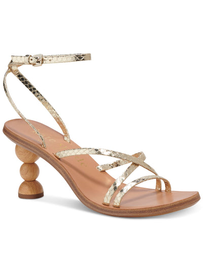 KATE SPADE NEW YORK Womens Gold Snake Asymmetrical Padded Metallic Ankle Strap Charmer Square Toe Sculpted Heel Buckle Leather Dress Heeled Sandal 9.5 B