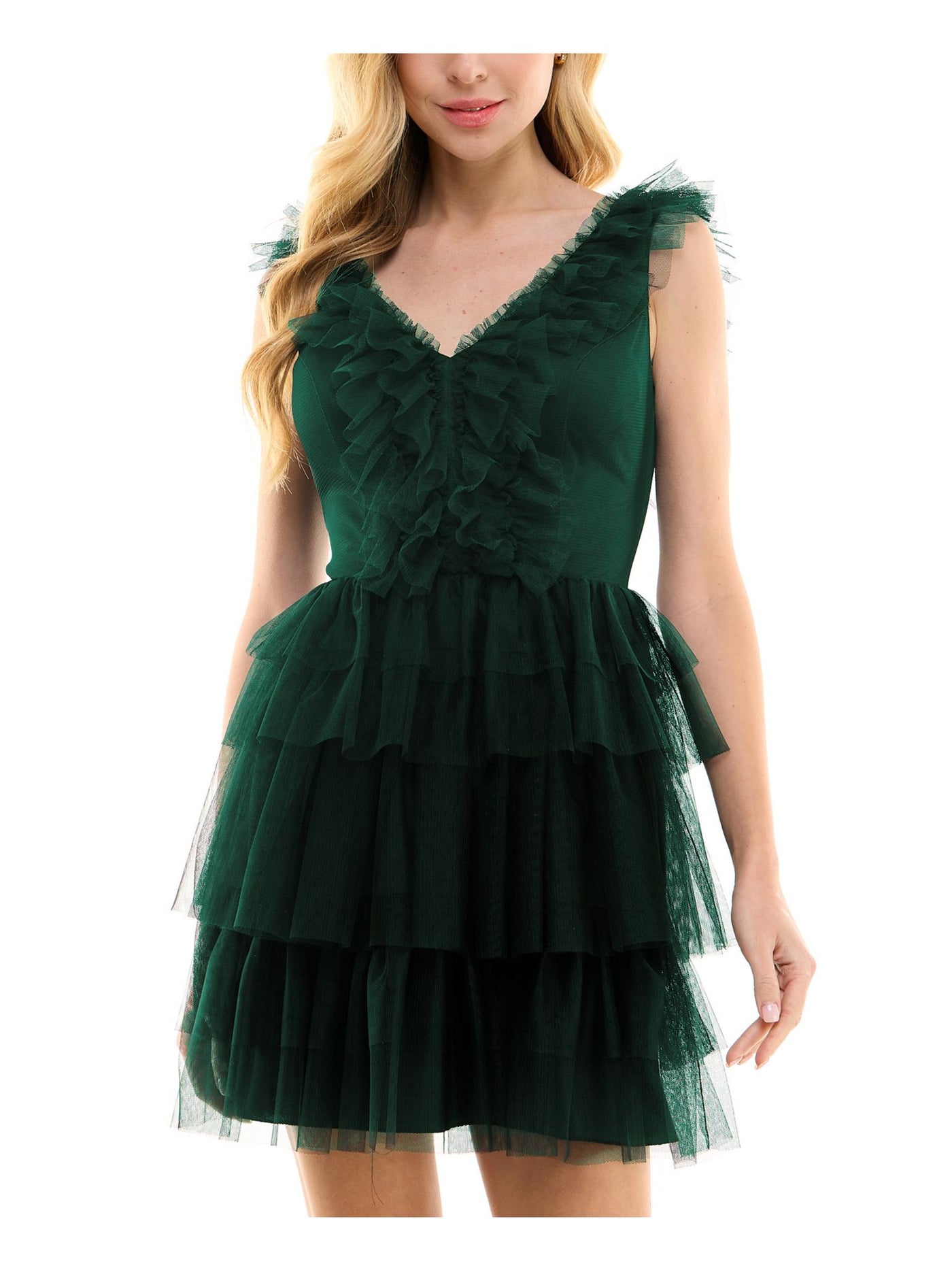 CITY STUDIO Womens Green Ruffled Zippered V-back Tiered Skirt Sleeveless V Neck Short Party Fit + Flare Dress Juniors 15