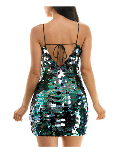 CITY STUDIO Womens Green Lined Back Tie Spaghetti Strap Scoop Neck Mini Party Body Con Dress Juniors L