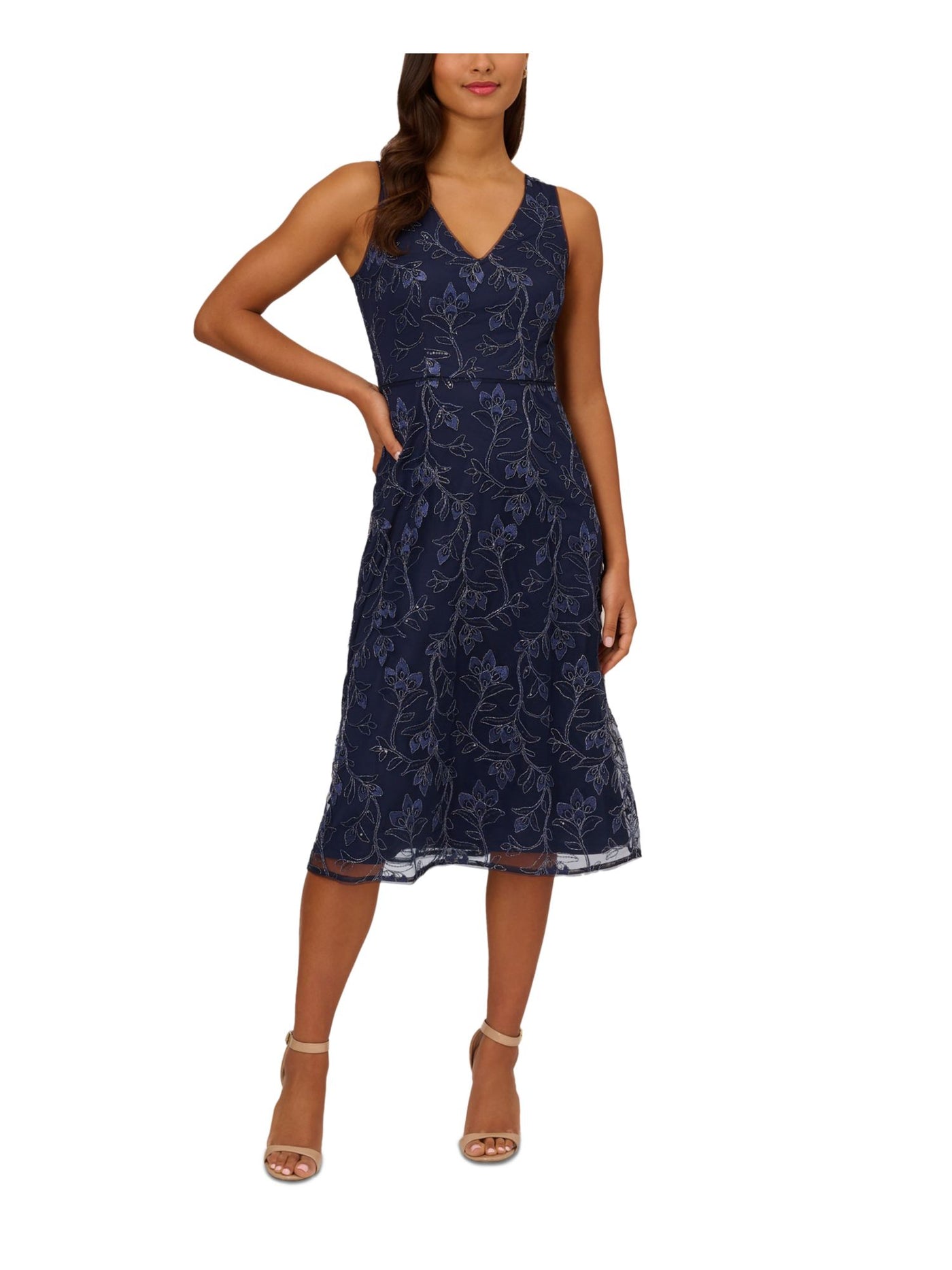 PAPELL STUDIO Womens Navy Zippered Sequined Embroidered Lined Metallic Floral Sleeveless V Neck Below The Knee Evening Fit + Flare Dress 10