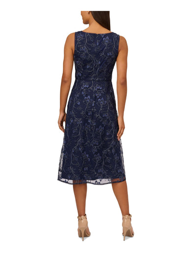 PAPELL STUDIO Womens Navy Zippered Sequined Embroidered Lined Metallic Floral Sleeveless V Neck Below The Knee Evening Fit + Flare Dress 10