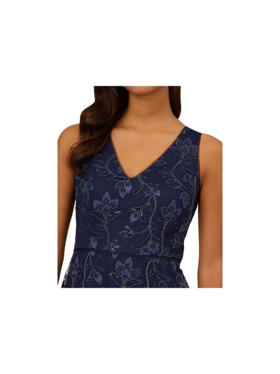 PAPELL STUDIO Womens Navy Zippered Sequined Embroidered Lined Metallic Floral Sleeveless V Neck Below The Knee Evening Fit + Flare Dress 10