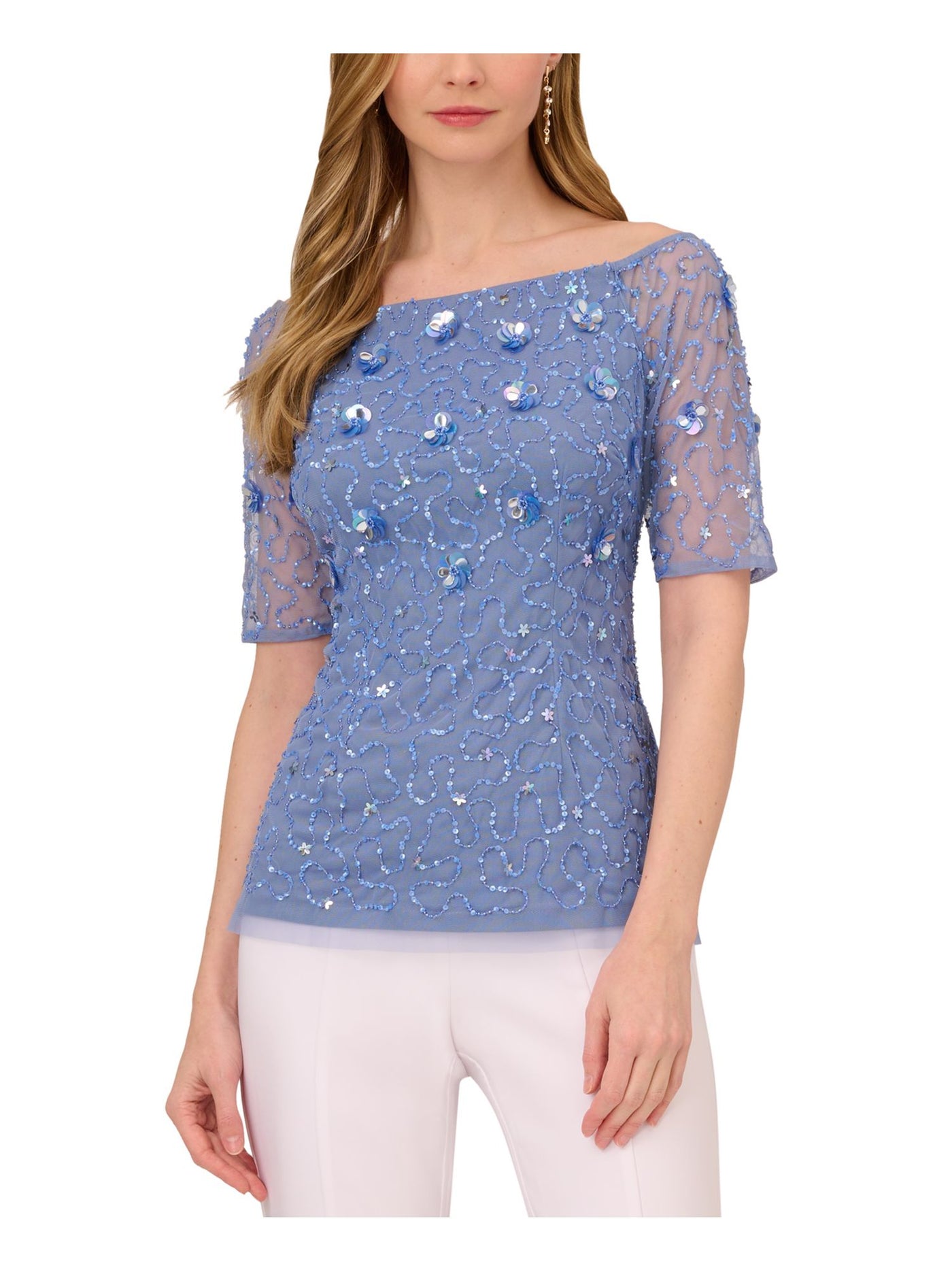 ADRIANNA PAPELL Womens Light Blue Embellished Zippered Lined Short Sleeve Off Shoulder Wear To Work Top 6