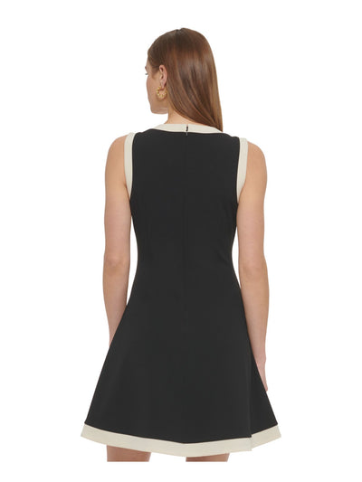 DKNY Womens Black Zippered Unlined Contrast Trim Color Block Sleeveless Crew Neck Above The Knee Fit + Flare Dress Petites 12P