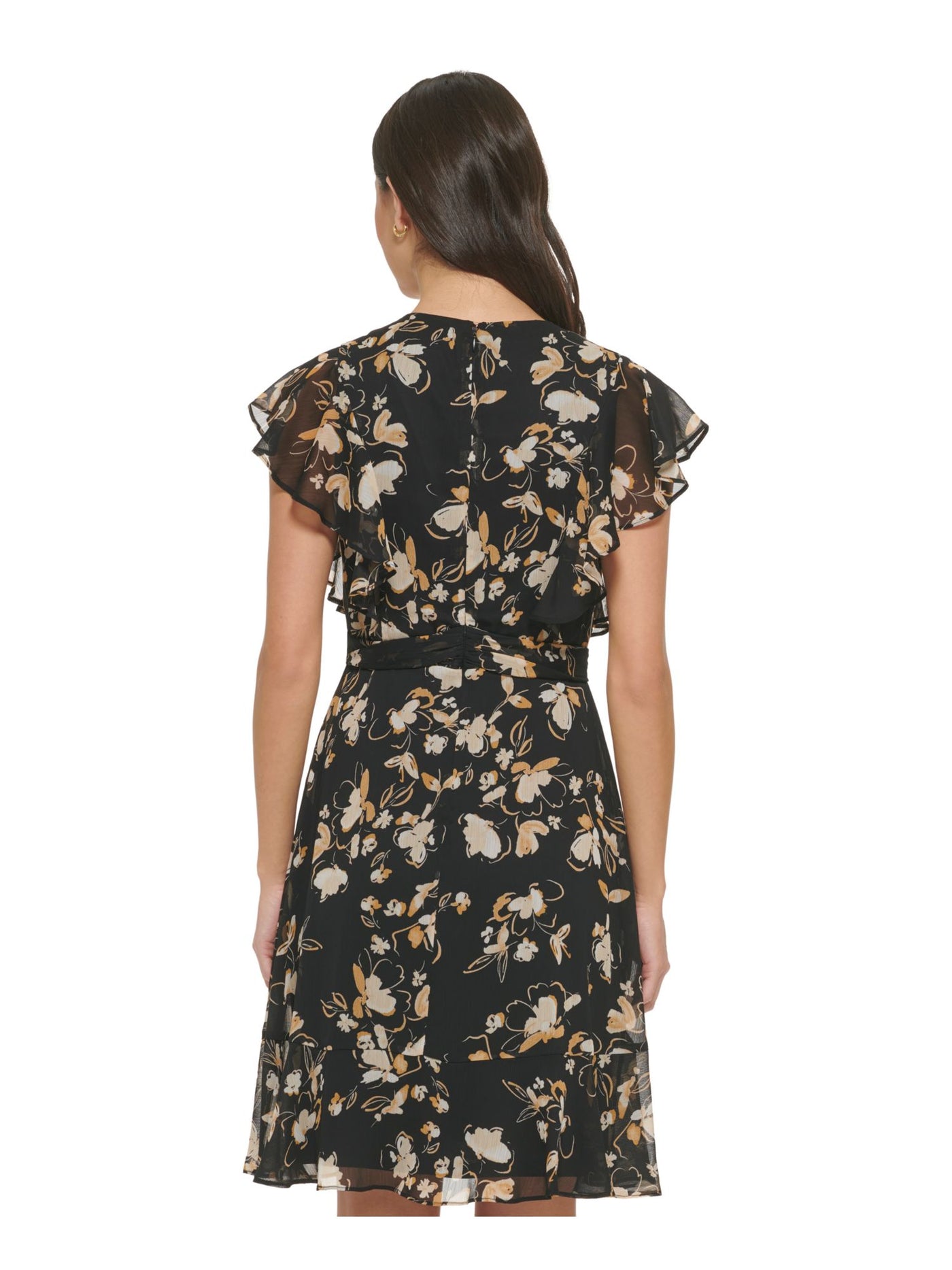 DKNY Womens Black Twist Front Zippered Flounce Hem Lined Floral Flutter Sleeve V Neck Above The Knee Party Fit + Flare Dress 4