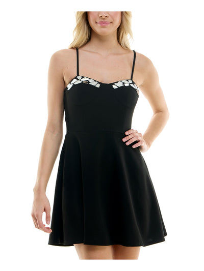 SPEECHLESS Womens Black Pocketed Adjustable Mirror Trim Padded Cups Zippered Sleeveless Sweetheart Neckline Mini Party A-Line Dress Juniors 3