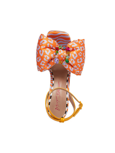 BETSEY JOHNSON Womens Orange Animal Print Embellished Hardware Bow Accent Ankle Strap Pollie Square Toe Flare Buckle Heeled Sandal 5 M