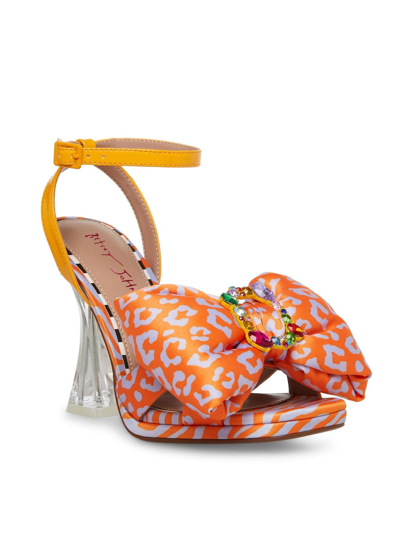 BETSEY JOHNSON Womens Orange Animal Print Embellished Hardware Bow Accent Ankle Strap Pollie Square Toe Flare Buckle Heeled Sandal 5 M