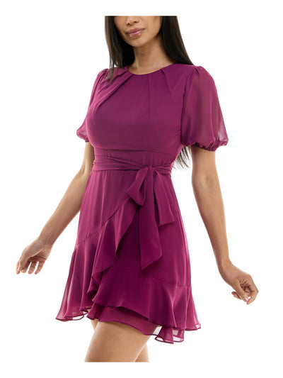 B DARLIN Womens Purple Zippered Lined Faux-wrap Skirt Tie Belt Pouf Sleeve Jewel Neck Short Party Fit + Flare Dress 7\8