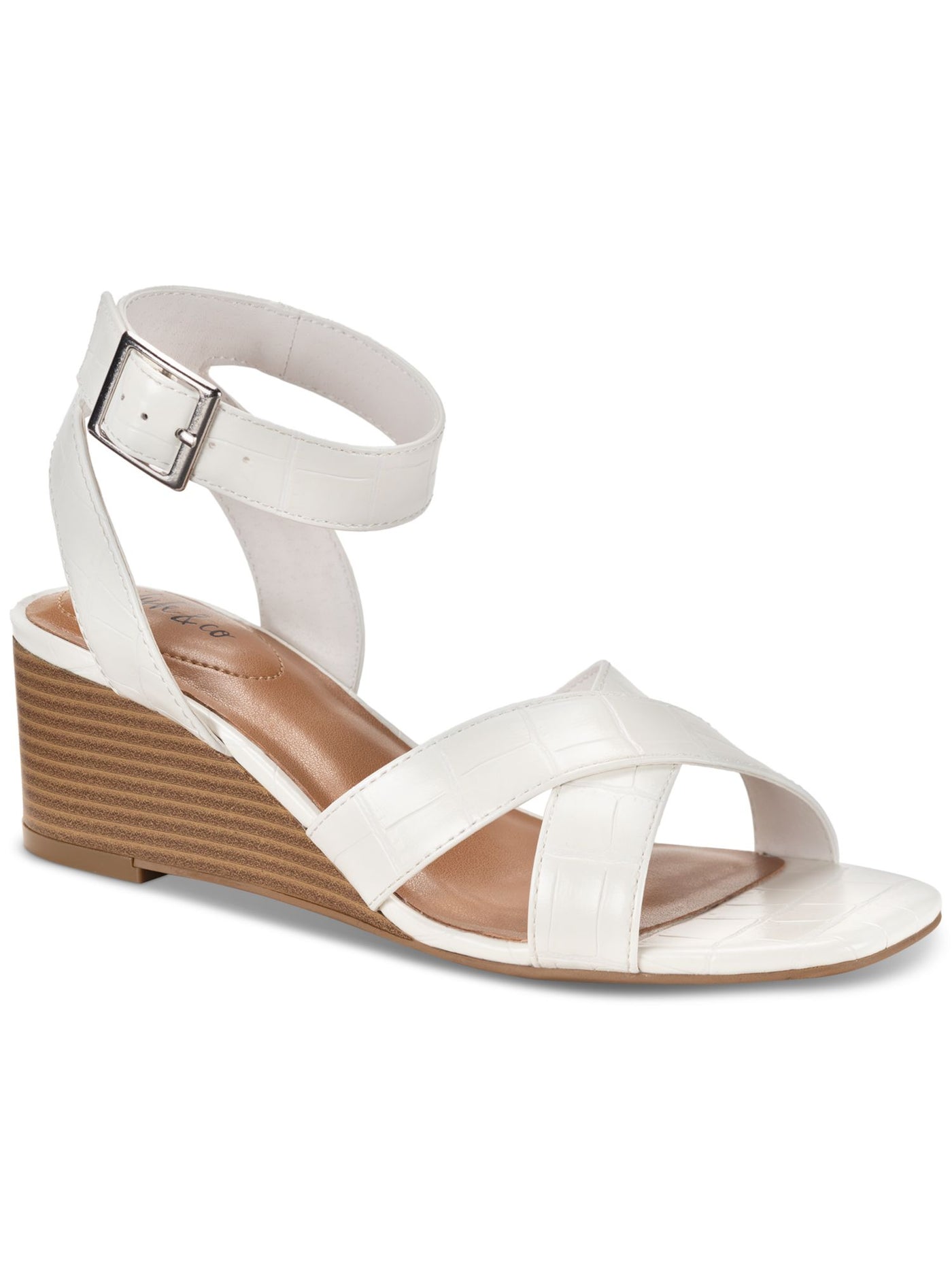 STYLE & COMPANY Womens White Croc Ankle Strap Cushioned Leezaa Square Toe Wedge Buckle Heeled Sandal 10 M