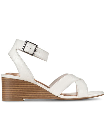 STYLE & COMPANY Womens White Croc Ankle Strap Cushioned Leezaa Square Toe Wedge Buckle Heeled Sandal 5 M