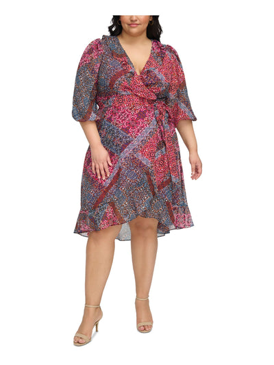 JESSICA HOWARD Womens Pink Ruffled Zippered Tie Front Hi-lo Hem Lined Printed 3/4 Sleeve Surplice Neckline Knee Length Wear To Work Faux Wrap Dress Plus 22W