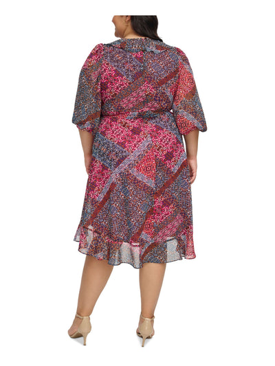 JESSICA HOWARD Womens Pink Ruffled Zippered Tie Front Hi-lo Hem Lined Printed 3/4 Sleeve Surplice Neckline Knee Length Wear To Work Faux Wrap Dress Plus 22W