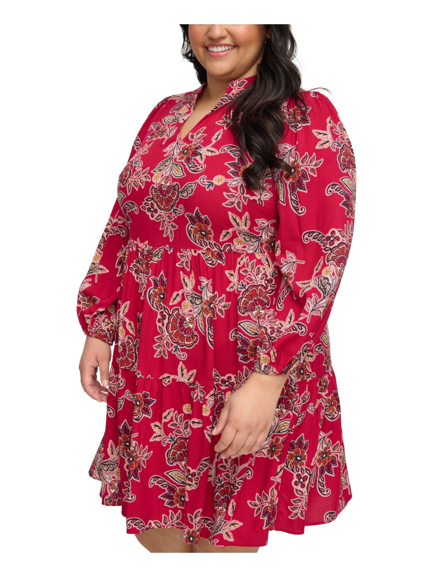 JESSICA HOWARD Womens Red Zippered Pocketed Tiered Skirt Lined Floral Long Sleeve Split Above The Knee Party Shift Dress Plus 24W