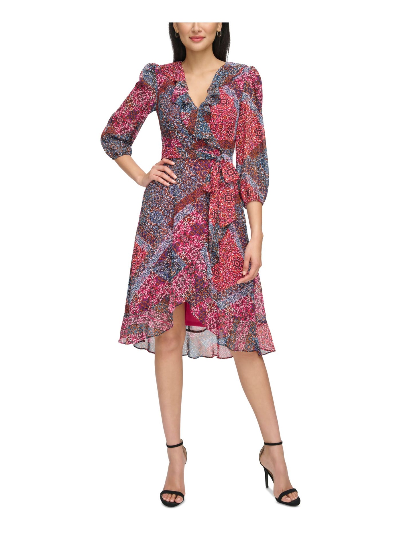 JESSICA HOWARD Womens Pink Zippered Lined Self-tie Belt Hi-lo Hem Printed 3/4 Sleeve Surplice Neckline Midi Wear To Work Faux Wrap Dress Petites 4P