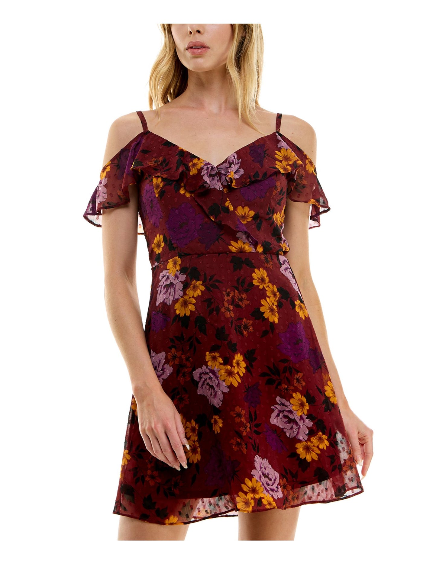 BCX DRESS Womens Maroon Ruffled Lined Spaghetti Straps Tie-back Floral Flutter Sleeve Surplice Neckline Short Party Fit + Flare Dress Juniors XS