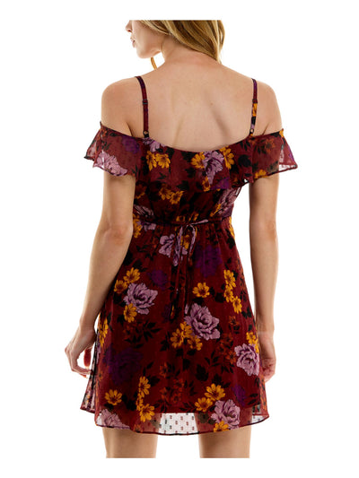 BCX DRESS Womens Maroon Ruffled Lined Spaghetti Straps Tie-back Floral Flutter Sleeve Surplice Neckline Short Party Fit + Flare Dress Juniors XS