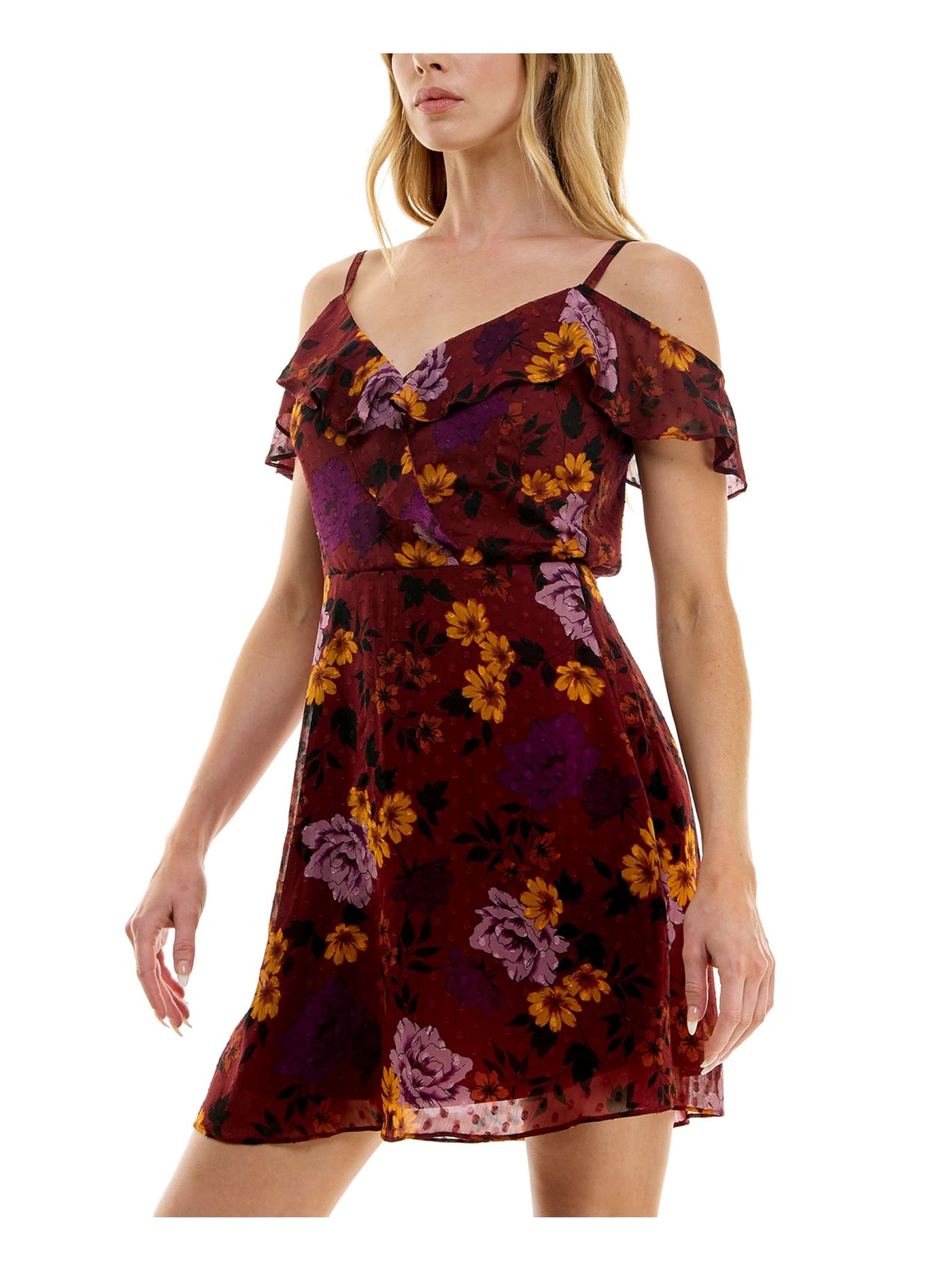 BCX DRESS Womens Maroon Ruffled Lined Spaghetti Straps Tie-back Floral Flutter Sleeve Surplice Neckline Short Party Fit + Flare Dress Juniors XS