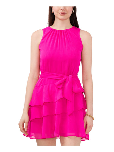 MSK PETITES Womens Pink Gathered Ruffled Keyhole Back Tie-Belt Sleeveless Round Neck Short Party Fit + Flare Dress Petites PM