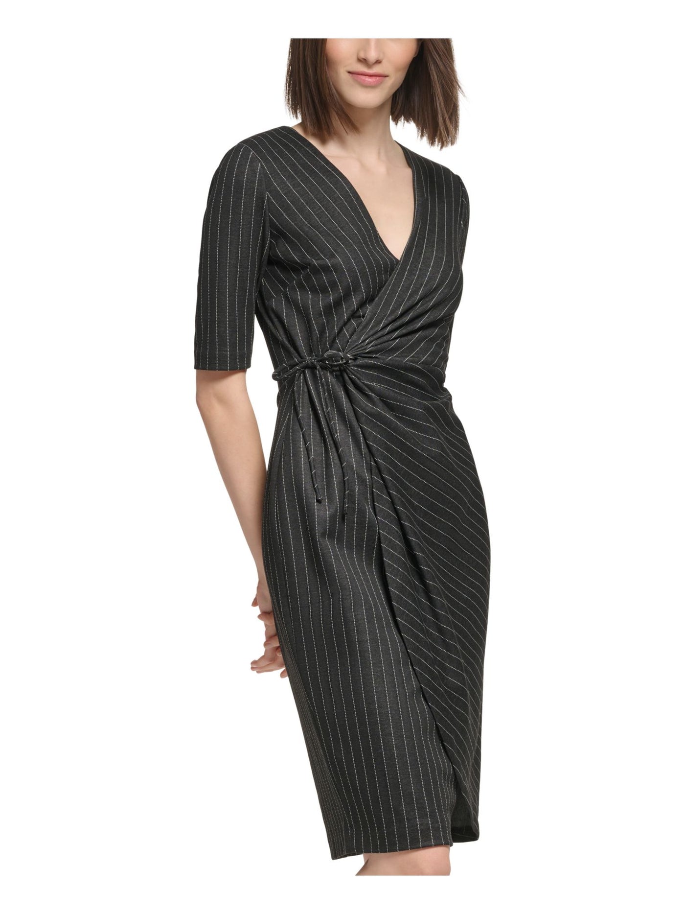 CALVIN KLEIN Womens Black Ruched Zippered Tie Side Hardware Trim Pinstripe Elbow Sleeve Surplice Neckline Knee Length Wear To Work Faux Wrap Dress 4