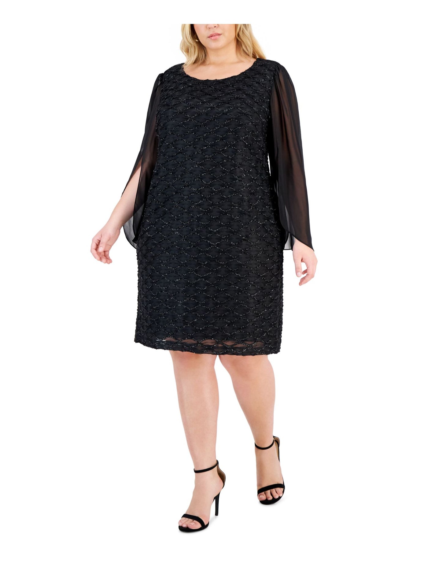 CONNECTED APPAREL Womens Black Lined Sheer Pullover Metallic Jacquard Tulip Sleeve Scoop Neck Above The Knee Evening Sheath Dress Plus 24W