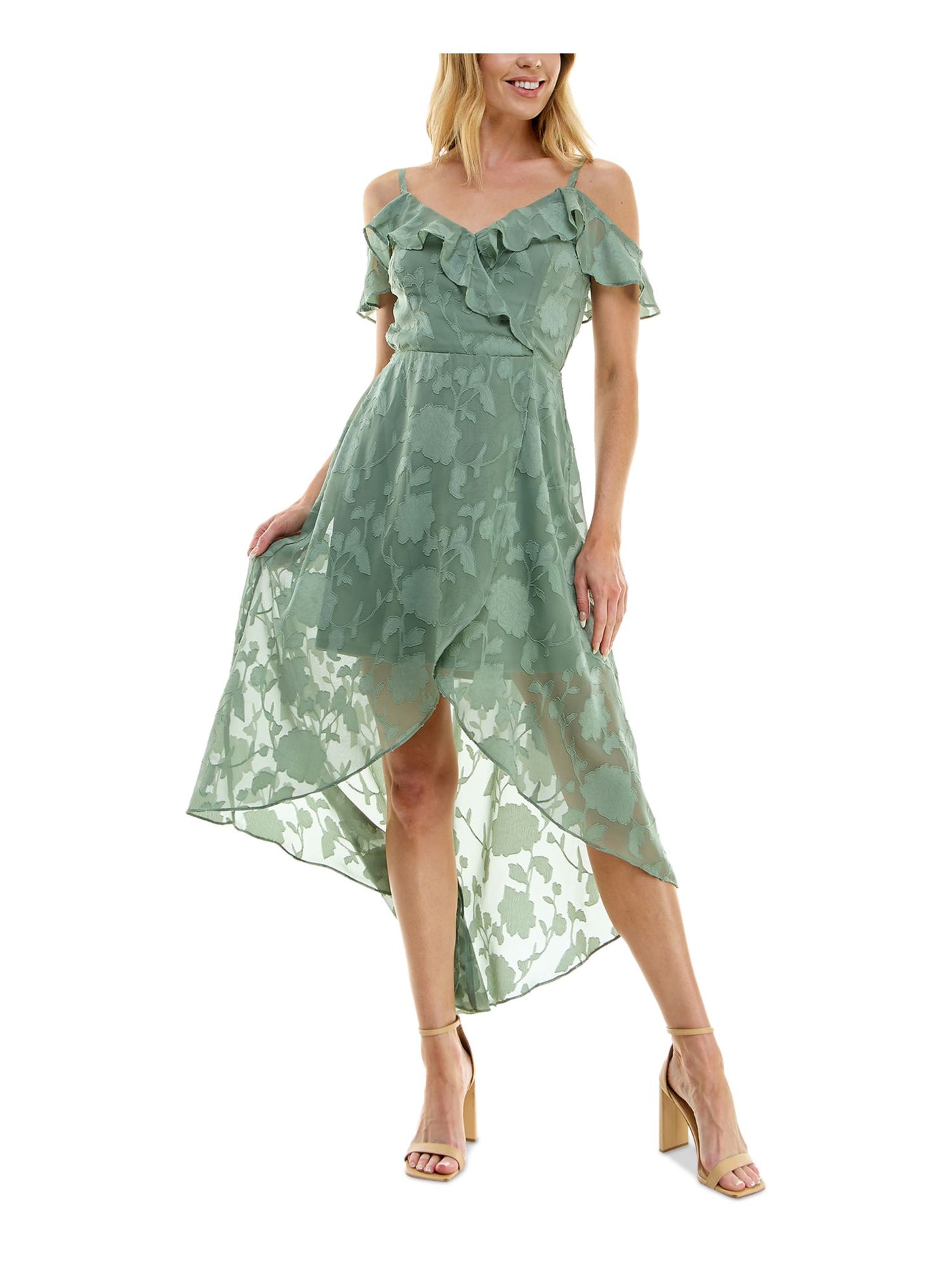 BCX DRESS Womens Green Ruffled Lined Spaghetti Strap Hi-lo Hem Flutter Sleeve Off Shoulder Maxi Party Faux Wrap Dress Juniors XXL