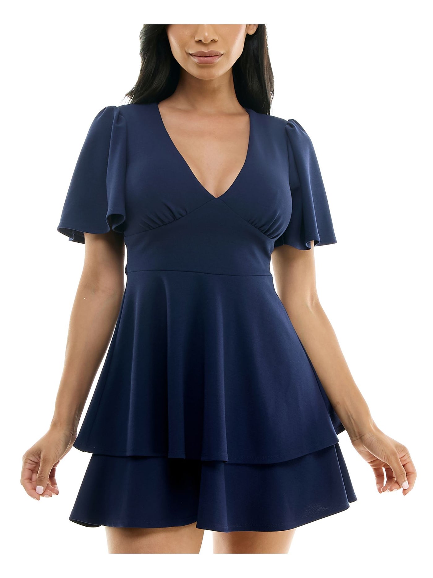 B DARLIN Womens Navy Zippered Gathered Keyhole Back Tiered Skirt Tie Flutter Sleeve V Neck Short Fit + Flare Dress 1\2