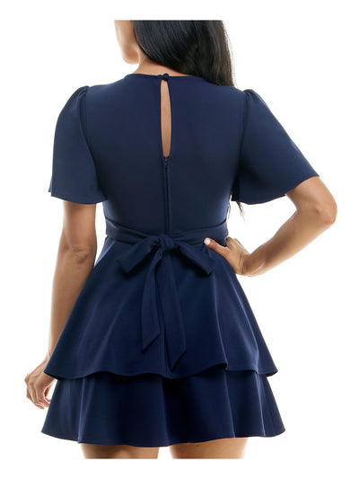 B DARLIN Womens Navy Zippered Gathered Keyhole Back Tiered Skirt Tie Flutter Sleeve V Neck Short Fit + Flare Dress 3\4