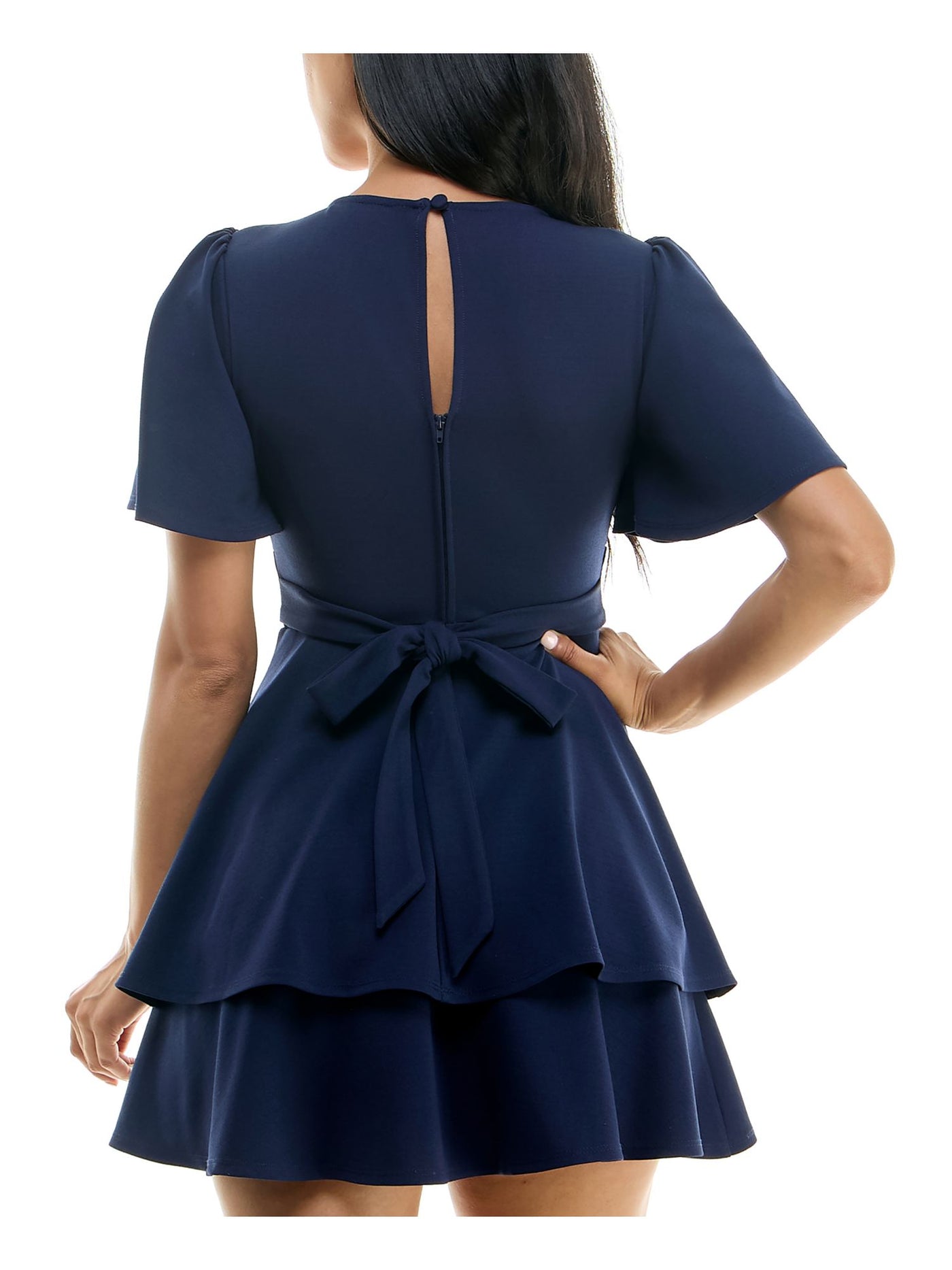 B DARLIN Womens Navy Zippered Gathered Keyhole Back Tiered Skirt Tie Flutter Sleeve V Neck Short Fit + Flare Dress Juniors 0