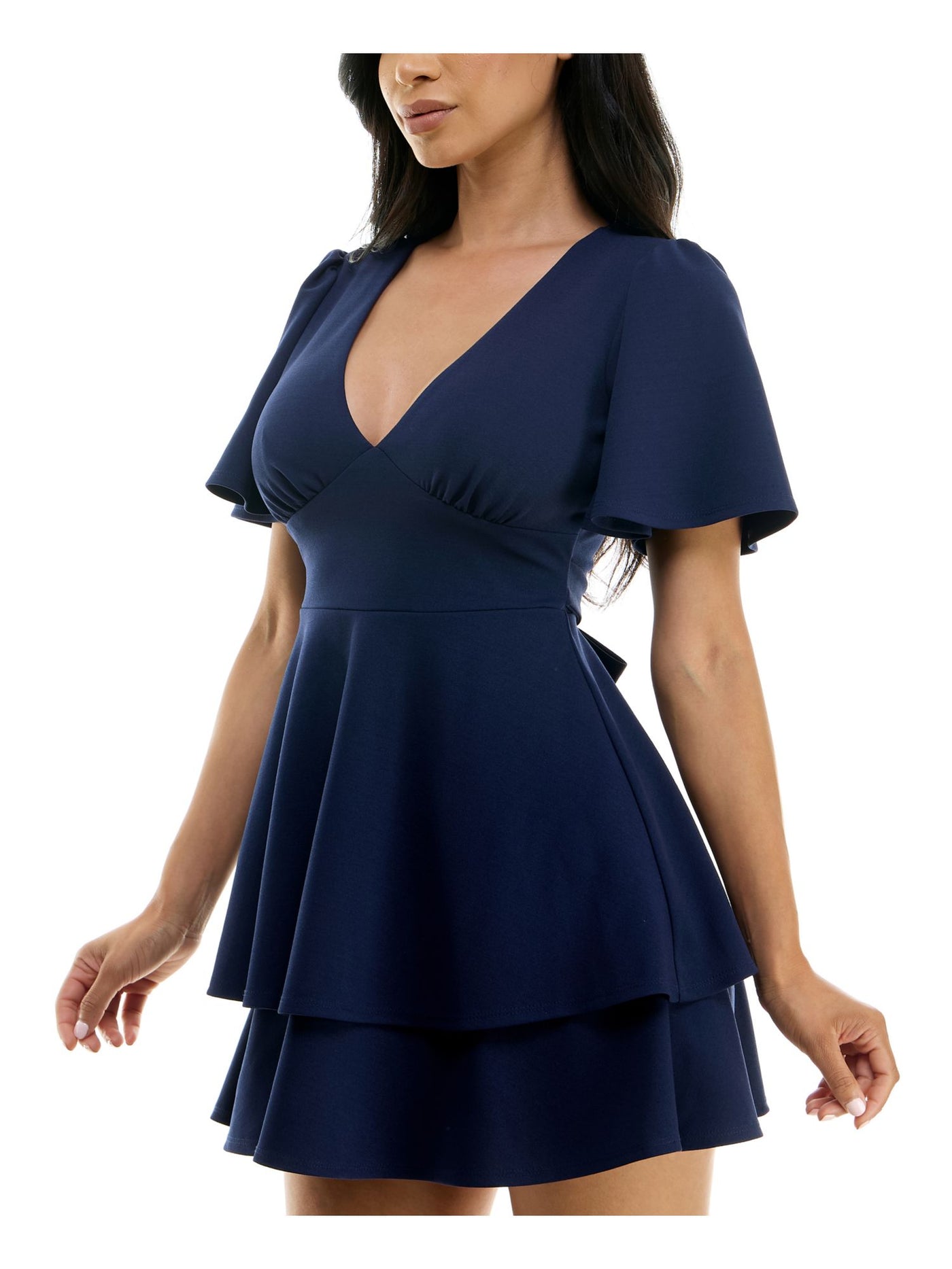 B DARLIN Womens Navy Zippered Gathered Keyhole Back Tiered Skirt Tie Flutter Sleeve V Neck Short Fit + Flare Dress 1\2